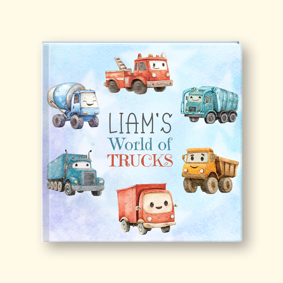 A square hardcover children's book titled 'LIAM'S World of TRUCKS' featuring a watercolor-style cover with six cartoon trucks in blue, red, yellow, and teal on a pale blue background.