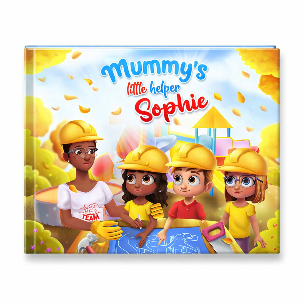 Children's book cover titled 'Mummy's little helper Sophie' with cartoon characters in hard hats.