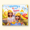 A hardcover children's book cover featuring the title 'Mummy's Little Helper Sophie' in colorful lettering. The illustrated cover shows a woman and a young girl wearing yellow construction hard hats and working together at a table with blueprints, set against a warm autumn playground background with falling leaves.