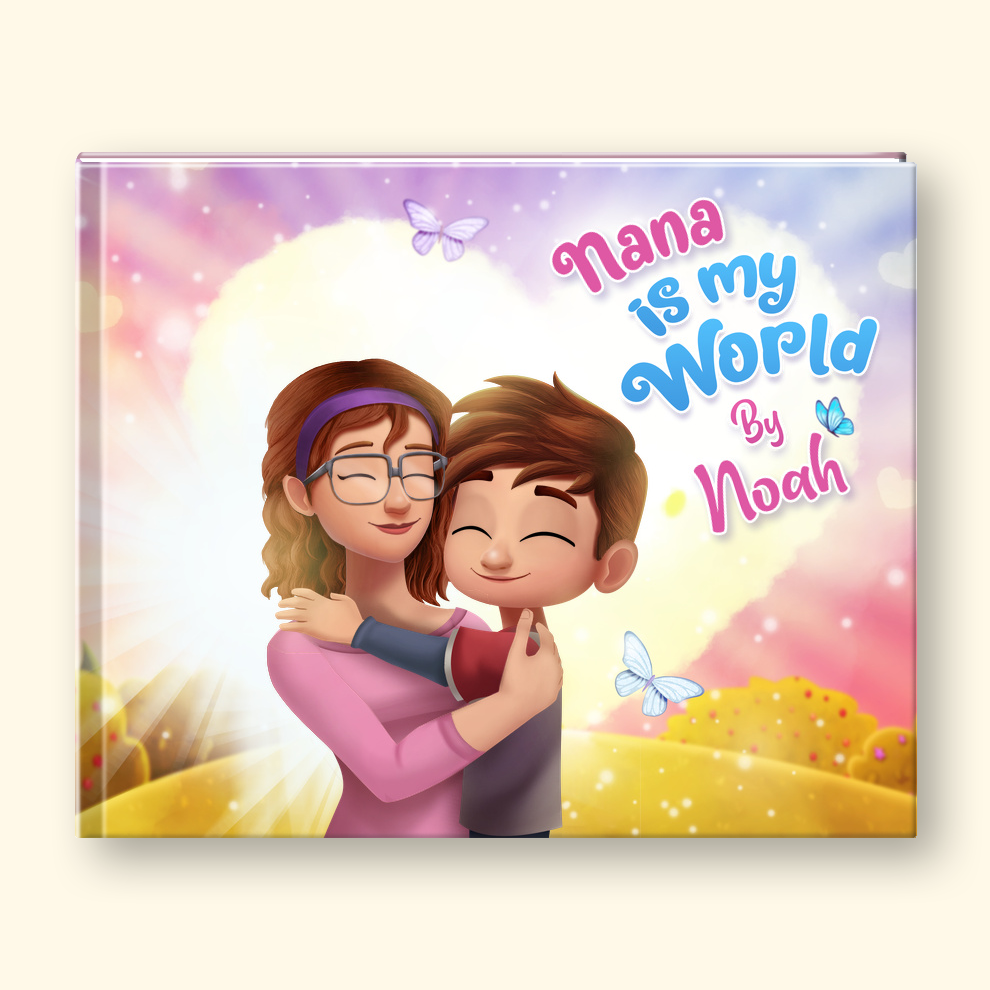 A personalized children's book cover featuring a cartoon illustration of a woman and a young boy hugging, with the text 'Nana is my World By Noah' on a pastel rainbow background.