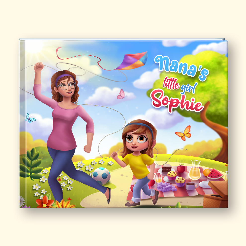 A hardcover book cover featuring a colorful cartoon illustration of an older woman and a young girl outdoors, with a kite, butterflies, flowers, a picnic table, and the text 'Nana's little girl Sophie' on a cream background.