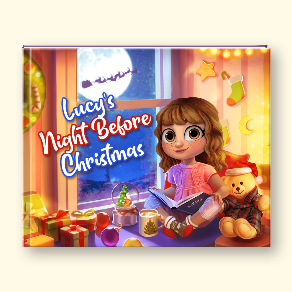 A children's book cover titled 'Lucy's Night Before Christmas' shown prominently, with a small illustrated version of the character Lucy standing beside it on a white background.