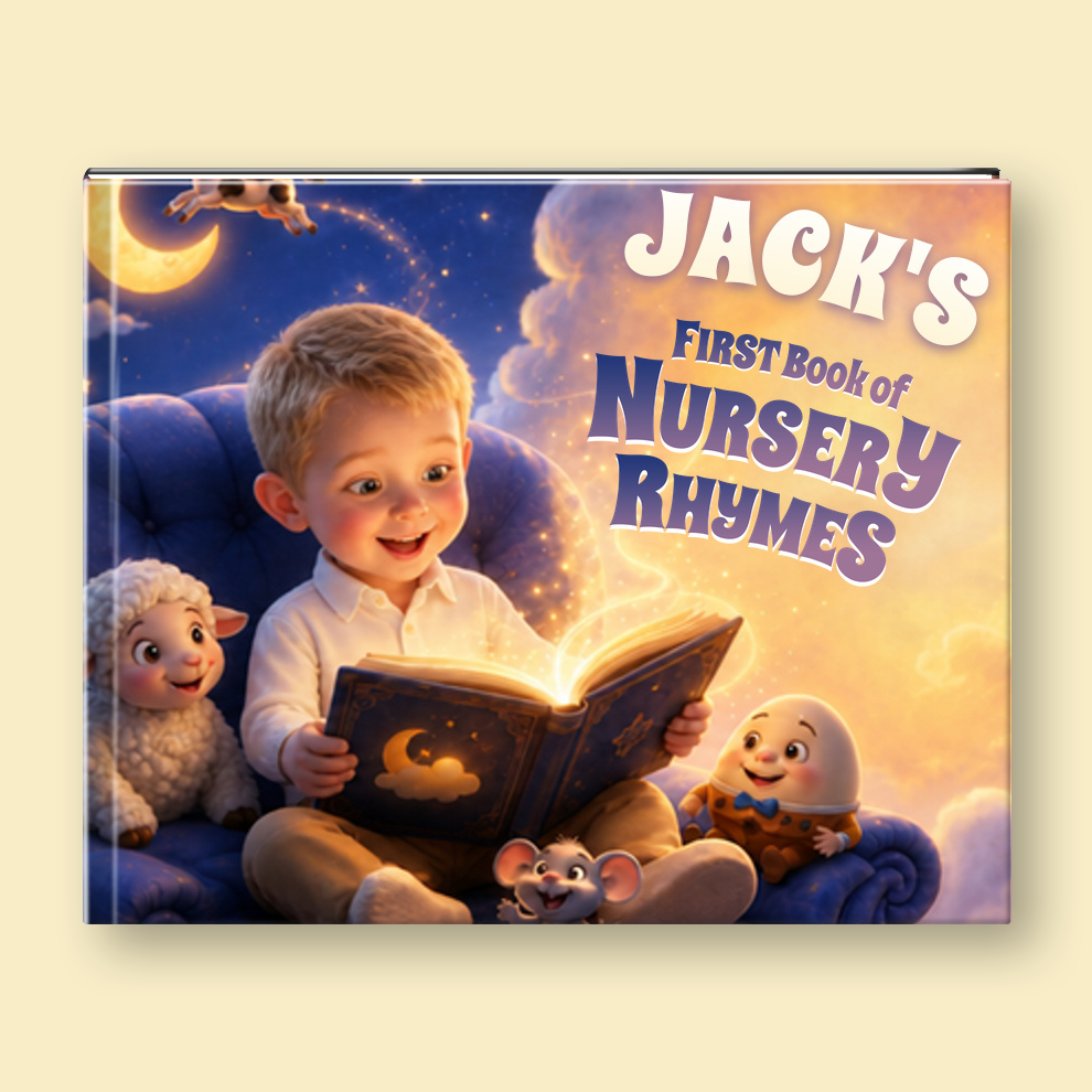 A hardcover children's book titled 'Jack's First Book of Nursery Rhymes' shown against a light beige background. The cover features a whimsical illustration of a young boy reading a glowing book, surrounded by a sheep, a mouse, and an egg character under a starry night sky.