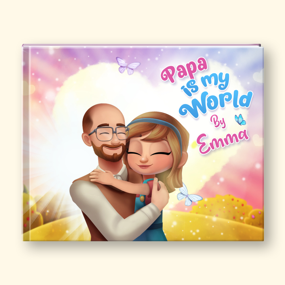 A personalized children's book cover featuring a cartoon illustration of a hugging father and daughter, with the text 'Papa is my World By Emma' on a pastel rainbow background.