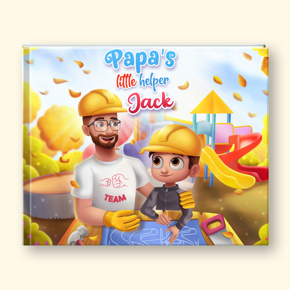 A hardcover children's book cover featuring a colorful cartoon illustration of a father and child at a playground, with the title 'Papa's little helper Jack' in playful blue and red lettering. A small 3D-rendered boy stands beside the book on a plain white background.