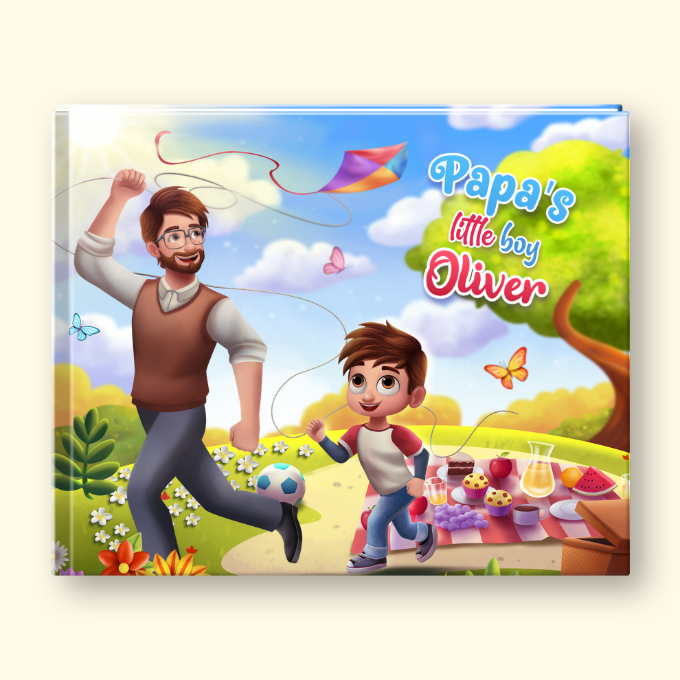 A colorful children's book cover featuring an illustrated father and son outdoors, with the title text 'Papa's little boy Oliver' on the right. The scene includes a blue sky, green trees, flowers, a picnic blanket, and playful characters.