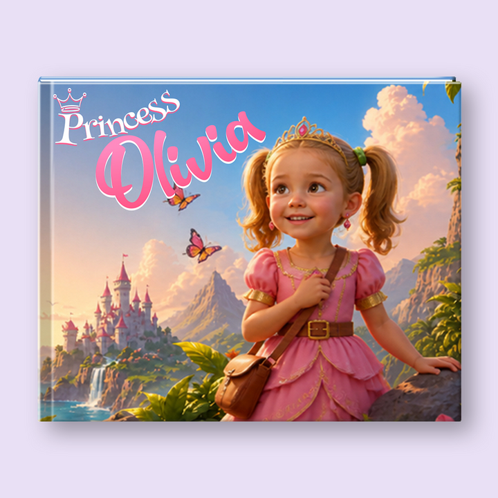 A personalized hardcover children's book titled 'Princess Olivia' featuring a colorful illustration of a young girl in a pink dress standing in front of a fantasy castle landscape.