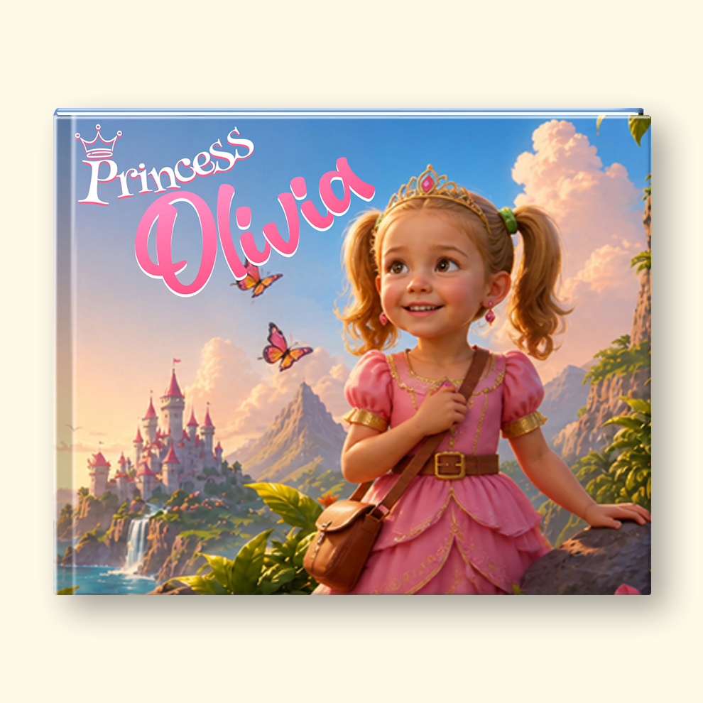 A personalized hardcover children's book titled 'Princess Olivia' featuring a colorful illustration of a young girl in a pink dress standing in front of a fantasy castle landscape.
