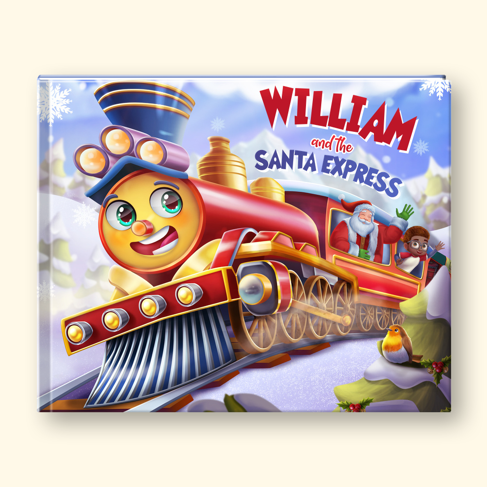 A children's book cover titled 'William and the Santa Express' featuring a colorful cartoon steam train in a snowy winter scene, shown against a light cream background.