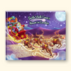 A square hardcover book or photo album cover featuring a colorful Christmas illustration of Santa Claus in a sleigh pulled by reindeer, flying over a glittery landscape under a starry night sky. The cover has the text 'Santa Visits Liam's House in London' and is shown against a light beige background.