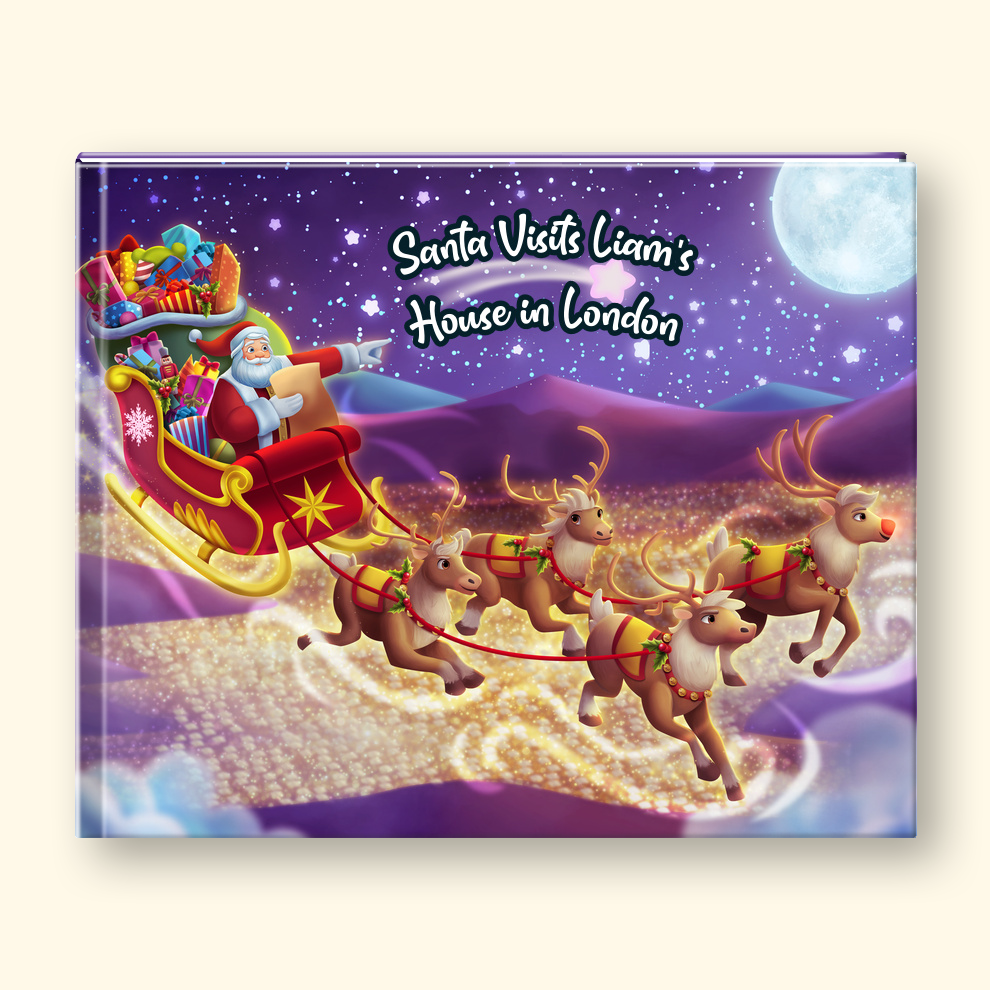 A square hardcover book or photo album cover featuring a colorful Christmas illustration of Santa Claus in a sleigh pulled by reindeer, flying over a glittery landscape under a starry night sky. The cover has the text 'Santa Visits Liam's House in London' and is shown against a light beige background.