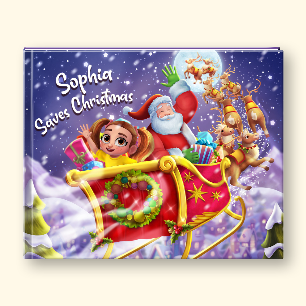 A personalized children's hardcover book cover featuring a festive Christmas illustration. The cover shows Santa Claus and a girl in a sleigh carrying gifts, with reindeer flying overhead under a snowy night sky.