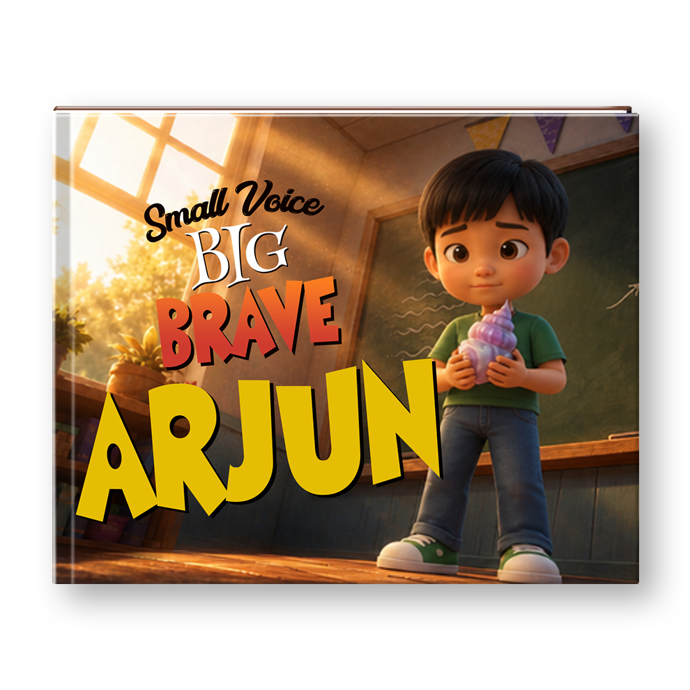 A children's book cover titled 'Small Voice BIG BRAVE ARJUN' featuring an illustrated boy holding a seashell in a classroom setting, shown as a 3D book mockup with a soft drop shadow on a white background.