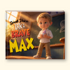 A square book or box cover featuring the title 'Small Voice BIG BRAVE MAX' over an illustrated classroom scene with a young boy holding a pink toy. The product is shown against a light beige background with a soft drop shadow.