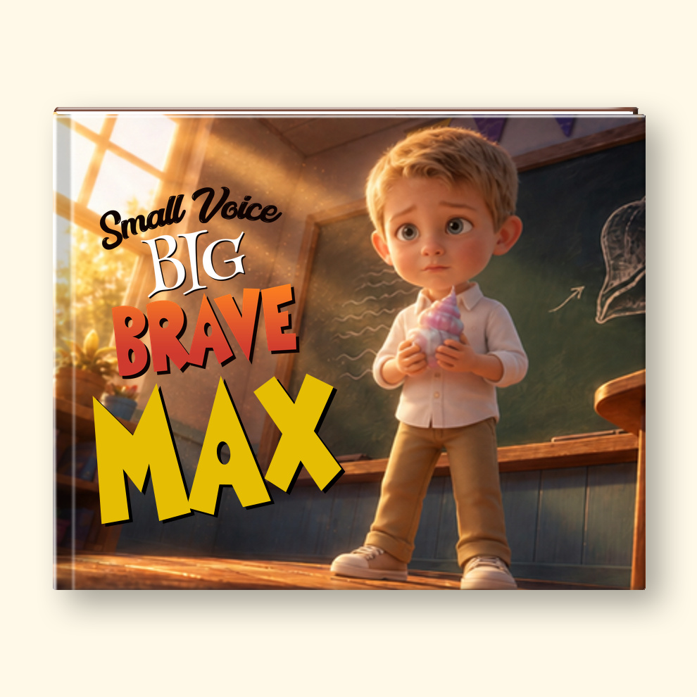 A square book or box cover featuring the title 'Small Voice BIG BRAVE MAX' over an illustrated classroom scene with a young boy holding a pink toy. The product is shown against a light beige background with a soft drop shadow.