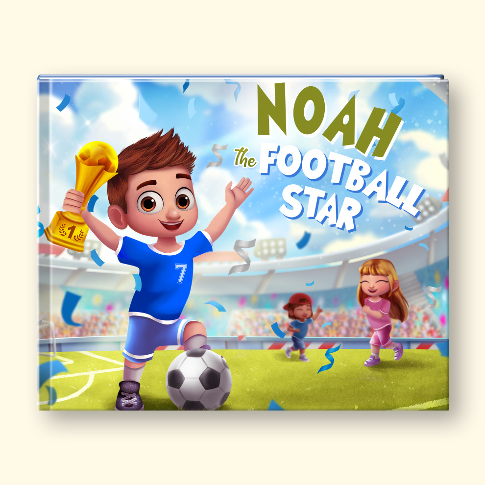 A hardcover children's book cover featuring a colorful cartoon illustration of a boy soccer player holding a trophy, with the text 'NOAH The FOOTBALL STAR' on a stadium background.