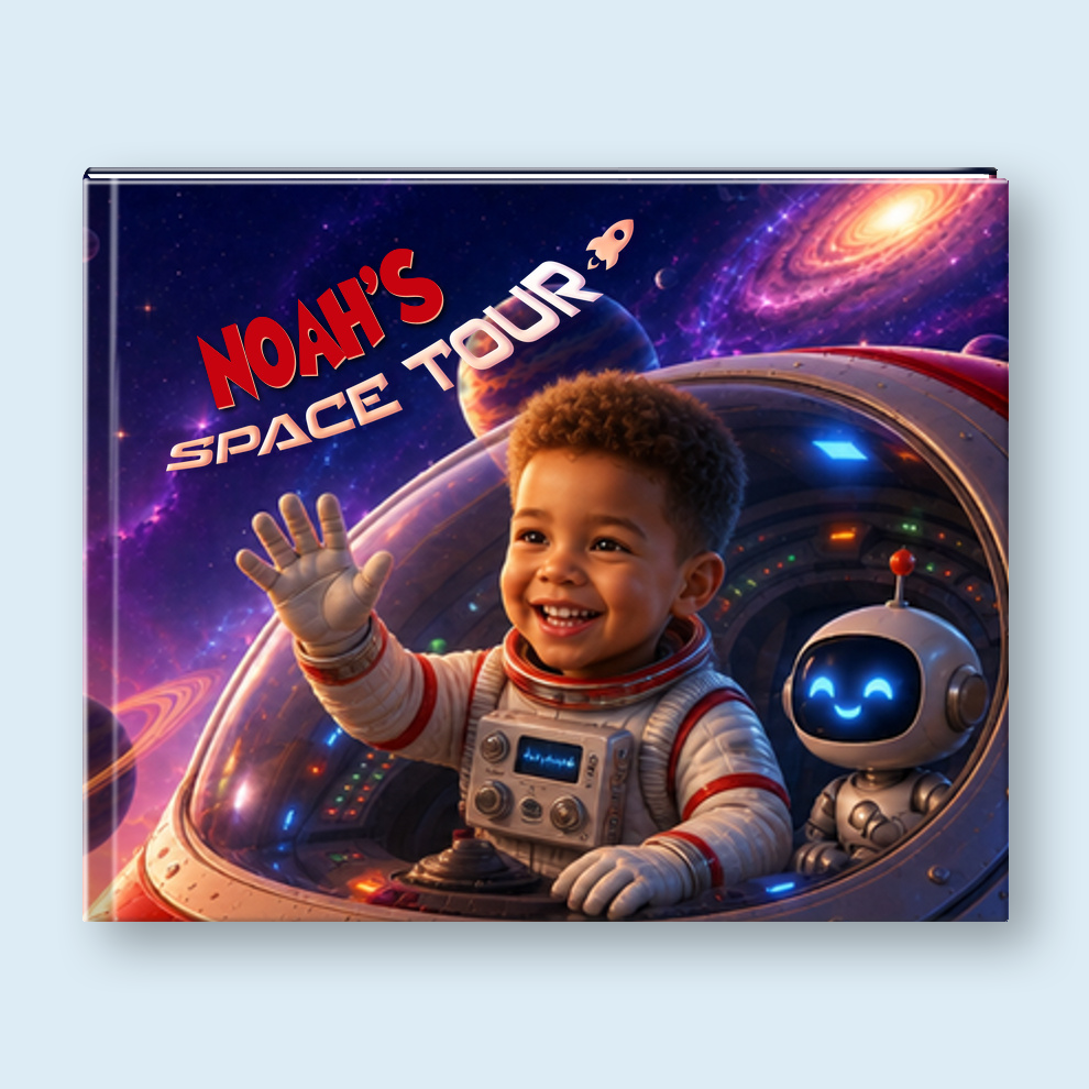 A square printed cover or box featuring a colorful space-themed illustration with the text 'NOAH'S SPACE TOUR.' The artwork shows a smiling child in a spacesuit waving from a spacecraft window, with a robot and galaxy scenery in the background.