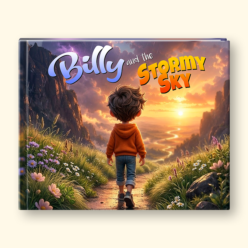 Children's book cover with text "Billy and the Stormy Sky"