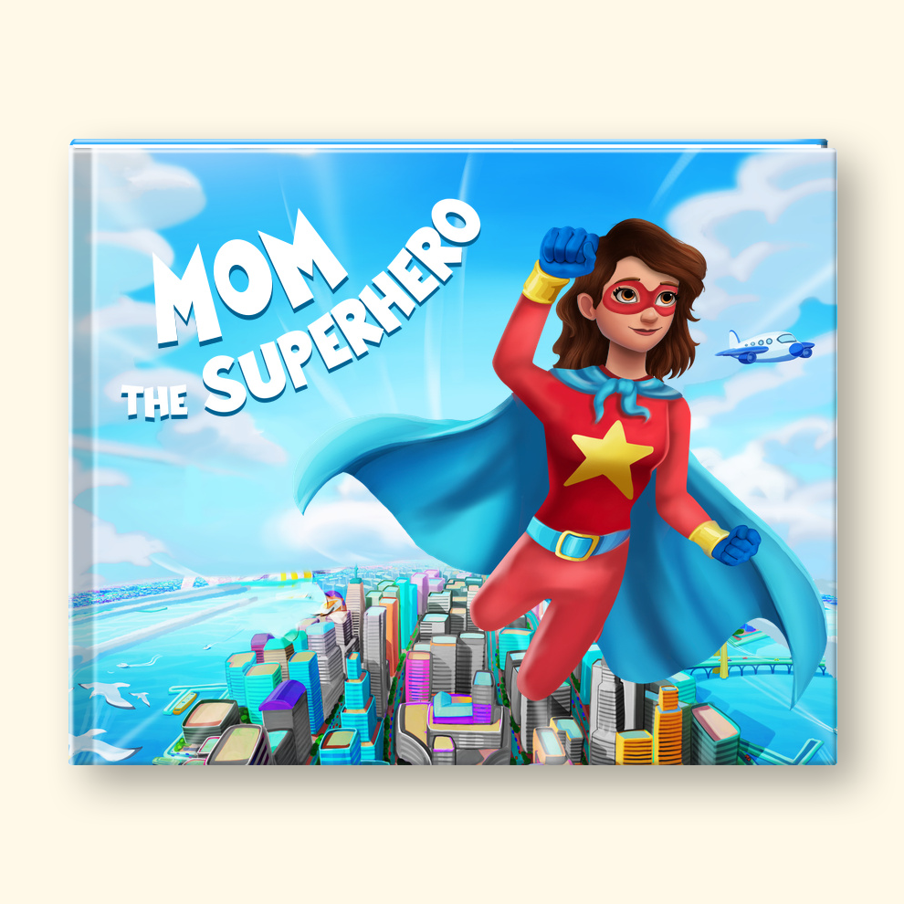 Book cover with a superhero mom design and a person standing next to it.