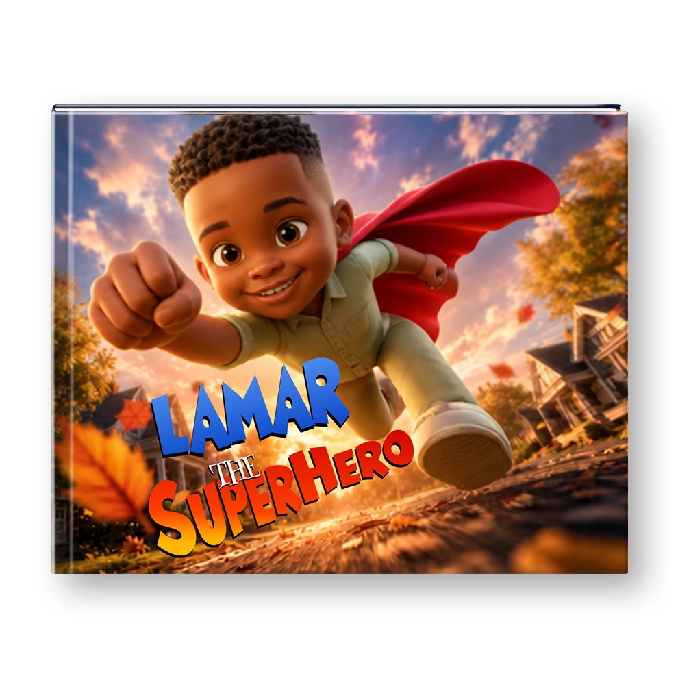 A custom hardcover book or photo album cover featuring a cartoon-style photo of a young boy with a red cape flying like a superhero over a neighborhood street at sunset. The text 'LAMAR THE SUPERHERO' is printed prominently on the front cover.