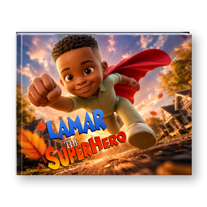 A custom hardcover book or photo album cover featuring a cartoon-style photo of a young boy with a red cape flying like a superhero over a neighborhood street at sunset. The text 'LAMAR THE SUPERHERO' is printed prominently on the front cover.