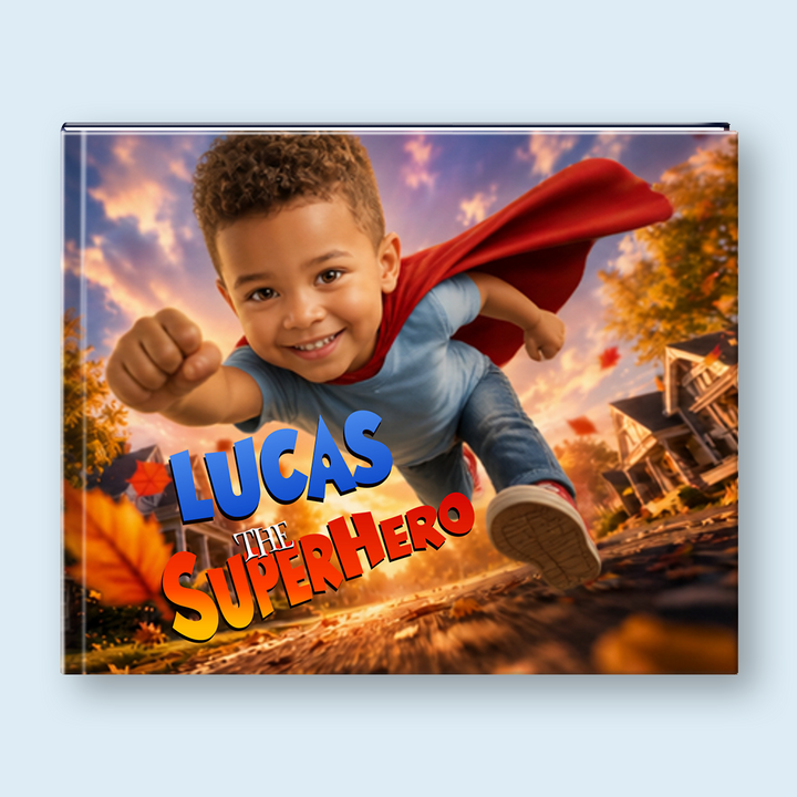 A personalized hardcover children's book titled 'LUCAS THE SUPERHERO'