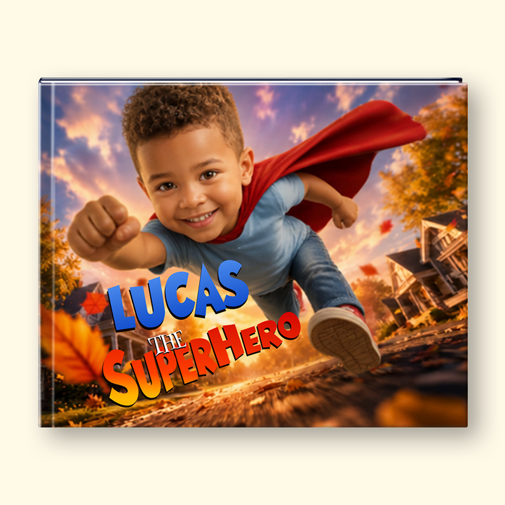 Children's book cover with text "Lucas the Superhero"