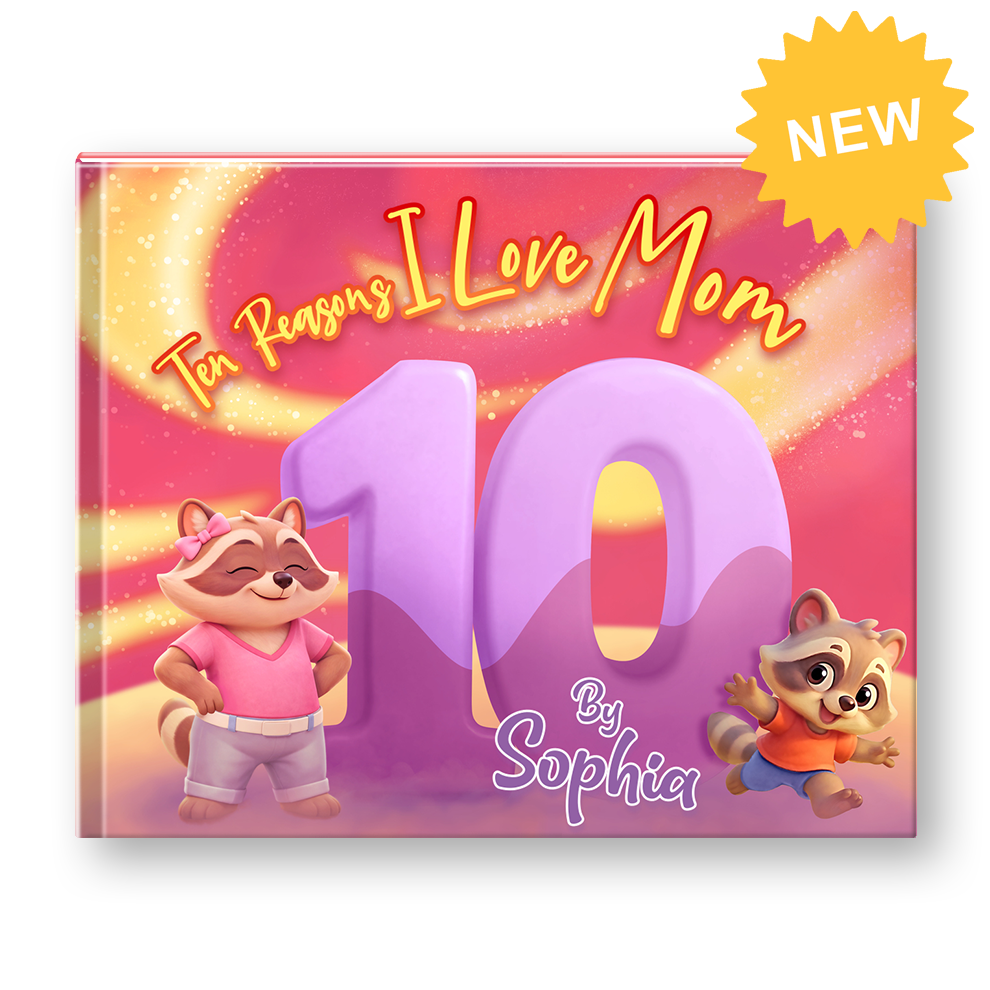 Children's book titled 'Ten Reasons I Love Mum' with cartoon raccoons on a pink and purple background.