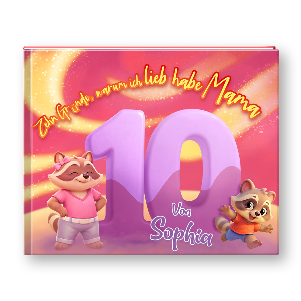 Children's book with cartoon raccoons and celebratory text on a pink and purple background