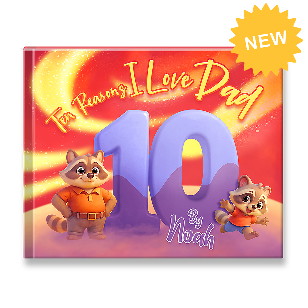 Children's book titled '10 Reasons I Love Dad' with cartoon raccoons on a red and orange background.