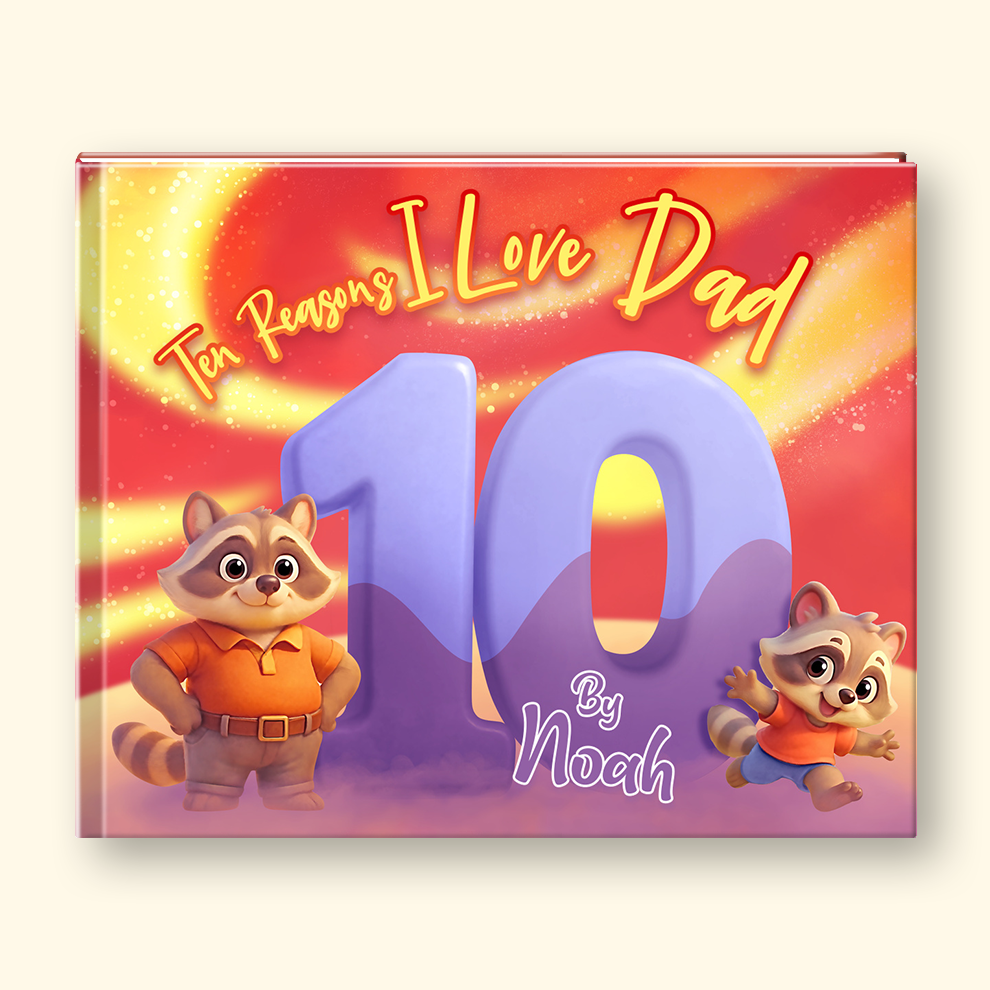Children's book titled '10 Reasons I Love Dad' with cartoon raccoons on a red and orange background.
