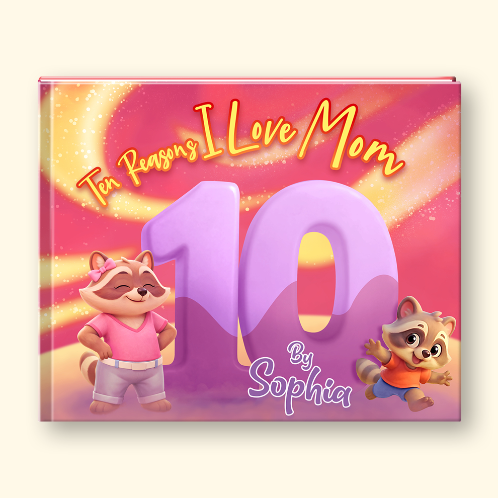 Children's book titled 'Ten Reasons I Love Mom' with cartoon raccoons on a pink and purple background.