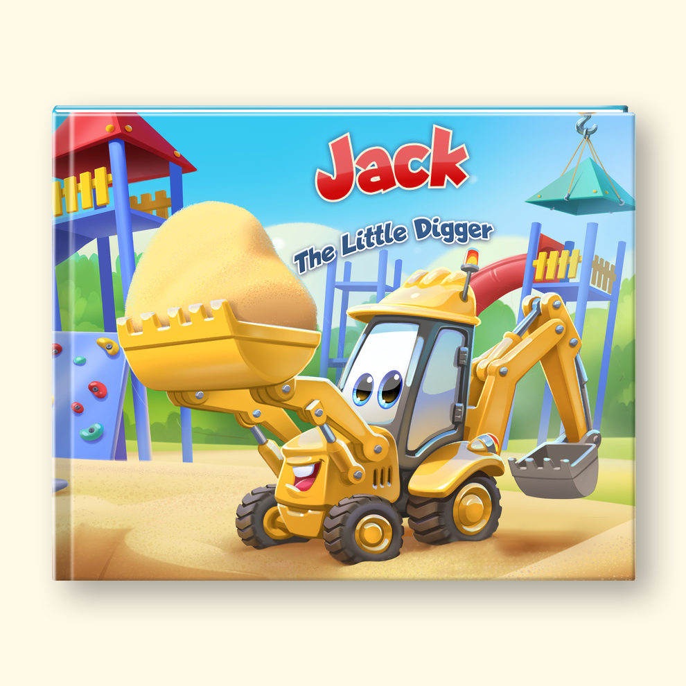 A children's book cover titled "Jack The Little Digger" featuring a cartoon yellow backhoe loader holding a large scoop of sand on a playground background. The book is shown standing upright against a light beige backdrop.