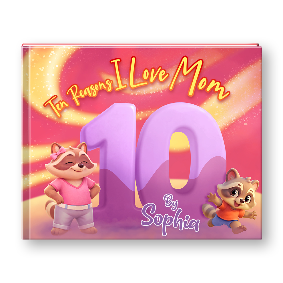 Children's book titled 'Ten Reasons I Love Mom' with cartoon raccoons on a pink and purple background.