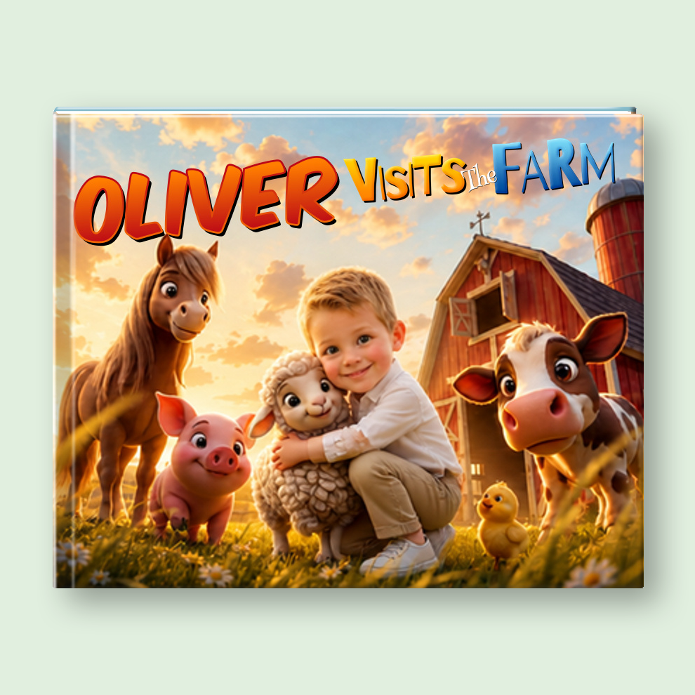 A hardcover children's book titled 'Oliver Visits the Farm' standing upright on a wooden shelf. The cover features a colorful illustration of a young boy hugging a sheep, with a brown horse, pink pig, black-and-white cow, yellow duck, and a red barn under a warm sunset sky.