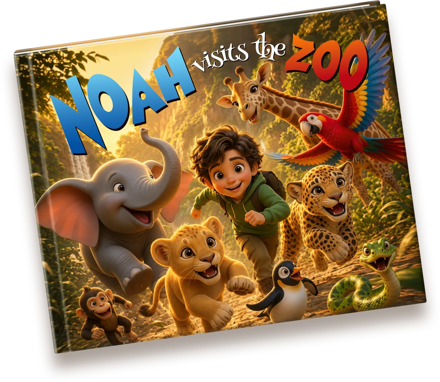 Personalised zoo adventure book on a wooden table with toy animals